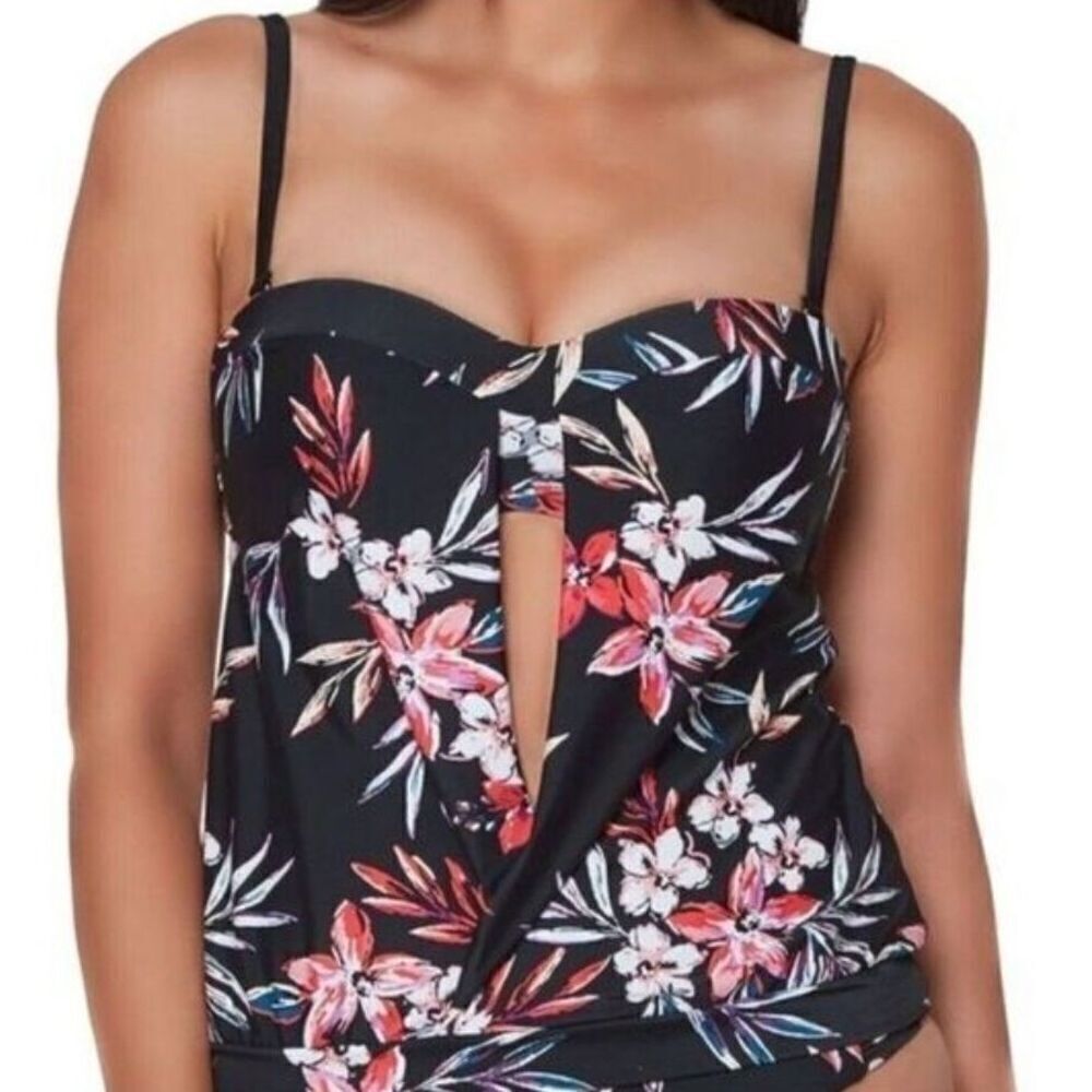 Bar III Peek a Boo Tankini Strapless Swim Top Black Floral Tropical Women Size M